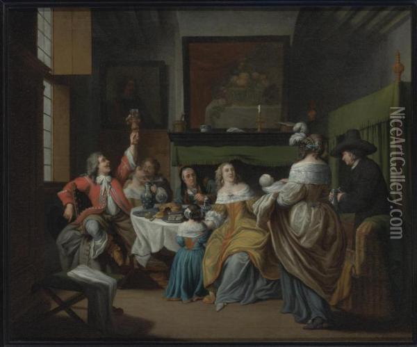 A Domestic Scene In An Interior With Figures Eating And Drinking Around A Table Oil Painting - Jan Jozef, the Younger Horemans
