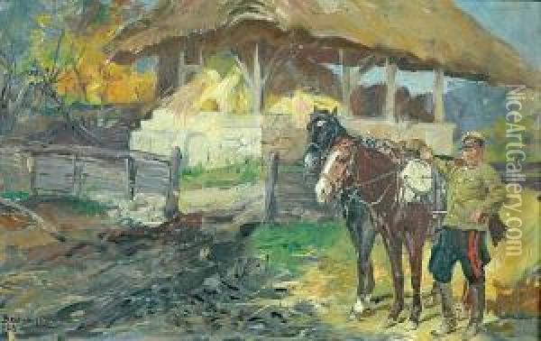 Zolnierz Z Konmi Oil Painting - Stanislaw Batowski-Kaczor