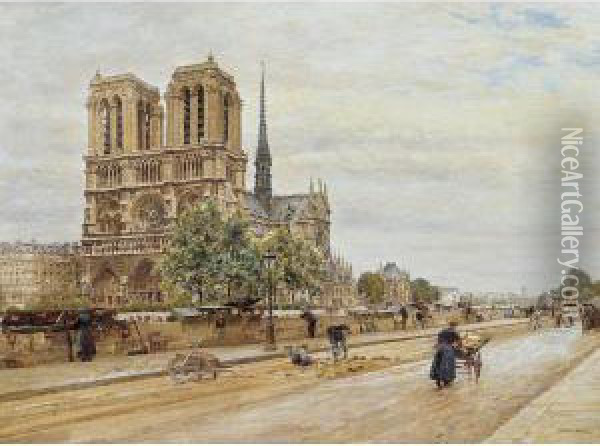 Notre Dame De Paris Et Marchande De Fleurs Oil Painting - Marie-Francois-Firmin Girard