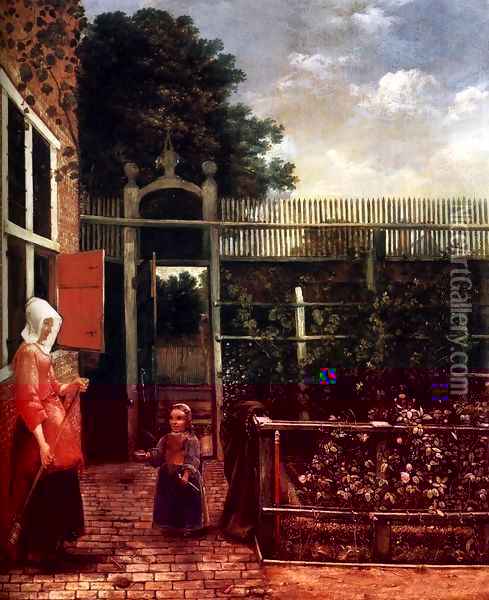 Woman with a Child Blowing Bubbles in a Garden Oil Painting - Hendrick Van Der Burch