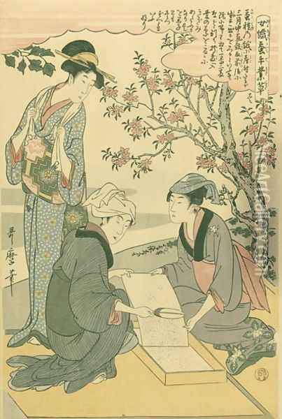Tending the newly hatched worms, no.1 from Joshoku kaiko tewaza-gusa, c.1800 Oil Painting - Kitagawa Utamaro