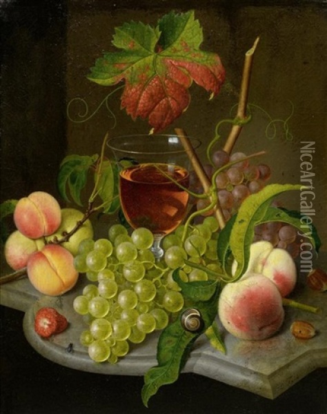Fruchtestillleben Mit Rotweinglas Oil Painting - Louis Francois Poisson