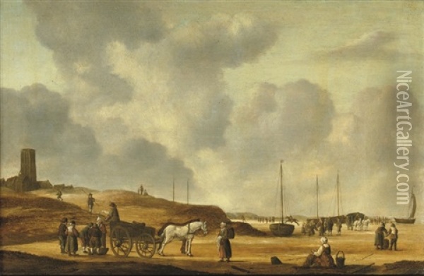 Fisherfolk On The Beach Of Egmond Aan Zee Oil Painting - Willem Gillisz Kool