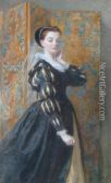 A Lady In Elizabethan Costume 
Standing Before A Screen 'walter Goodall, 1867' (lower Right) Oil Painting - Walter Goodall