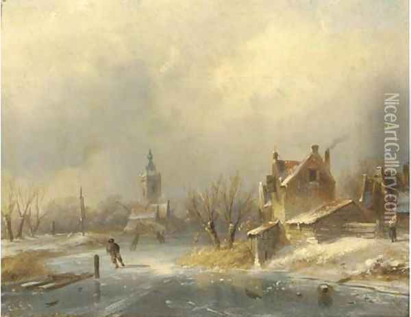 Figures on a frozen waterway Oil Painting - Charles Henri Leickert