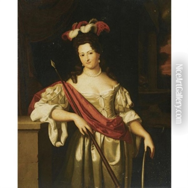 Portrait Of Isabella De Savornin As Minerva, Wearing A White Satin Dress With A Red Sash And A Plumed Hat Oil Painting - Johannes (Jan) Tielius