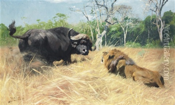 Buffalo And Lion Before The Fight Oil Painting - Wilhelm Friedrich Kuhnert