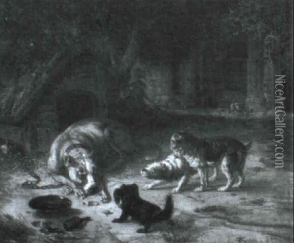 Laenkehund Samt Tre Mindre Hunde I Baggrunden Hans Og Kyllinger Oil Painting - Theodor Julius Kiellerup