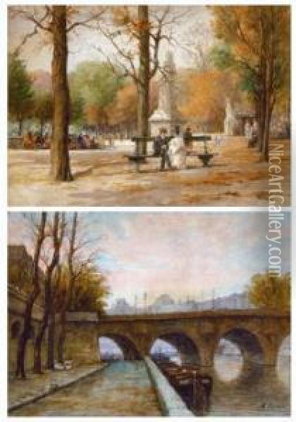 La Conversation Galante Au Jardin Du Luxembourg. - Le
 Pont-neuf. Oil Painting - Gabriel Perrin