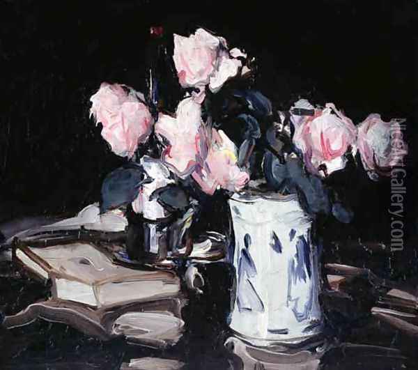 Pink Roses in Blue and White Vase, Black Background, c.1906 Oil Painting - Samuel John Peploe