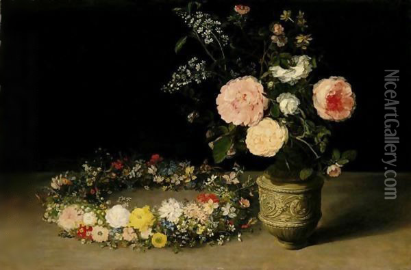 A Still Life Of Roses And Sprays Of Lilac In An Ornamental Stoneware Vase, With A Wreath Of Roses, Forget-Me-Nots, Jasmine, Cyclamen And Other Flowers Resting Nearby, All On A Table-Top Oil Painting - Jan The Elder Brueghel