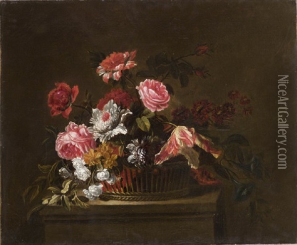 Rose, Garofani, Peonie E Tulipani In Un Cesto Di Vimini Oil Painting - Juan De Arellano
