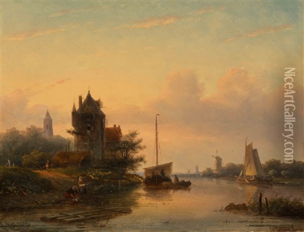 Riverview With Boats And Two Washerwomen Oil Painting - Jan Jacob Spohler