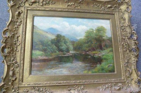 River Landscape With Distant Hills Oil Painting - R. Marshall