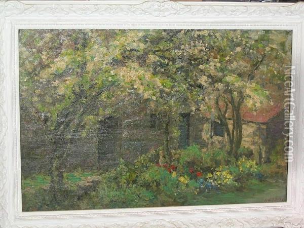 Country Garden With Blossom Trees Oil Painting - John King