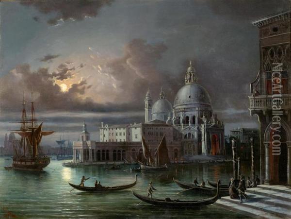 Venice In The Moonlight. Oil Painting - Giovanni Grubacs