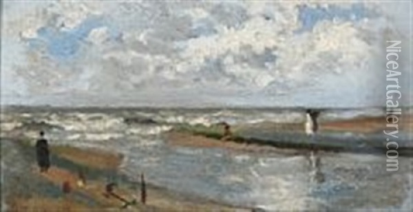 Coastal Scene With Persons In A Storm Oil Painting - Gerhard Arij Ludwig Morgenstjerne Munthe