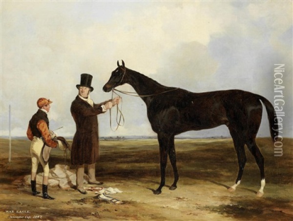 Mr E Bouverie's Brown Colt 'war Eagle' Held By His Trainer C Marson With The Jockey Samuel Mann Oil Painting - Harry Hall