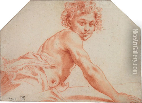 A Seated Male Youth, His Torso Bare Oil Painting - Pietro Faccini
