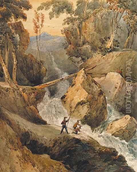 Soldiers beneath a torrent, on a mountain pass Oil Painting - Francois Louis Thomas Francia