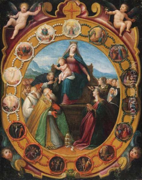 The Madonna Of The Rosary, With Saint Dominic And Other Saints,surrounded By Scenes From The Life Of The Virgin And Of Christwithin A Feigned Frame With Putti Oil Painting - Giovanni Balducci