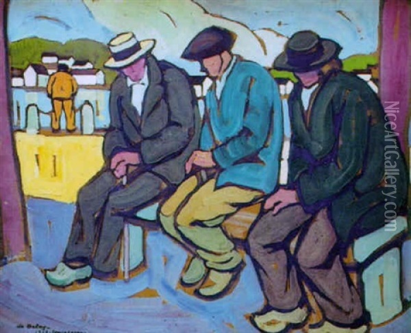 La Conversation Sur Les Quais A Concarneau - Les Trois Marins Oil Painting - Pierre De Belay