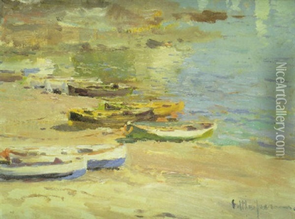 Barcas Varadas En La Playa Oil Painting - Eliseo Meifren y Roig