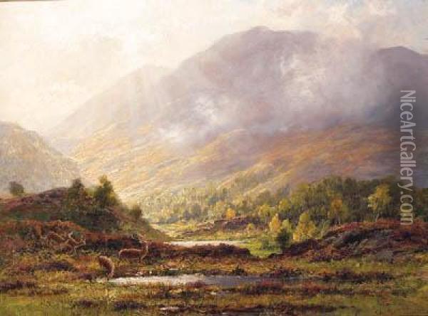 Deer Watering In A Highland Landscape Oil Painting - Charles Stuart