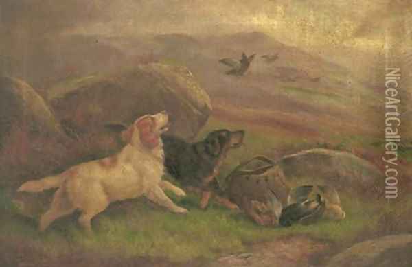 Gundogs on a grouse moor Oil Painting - Robert Cleminson