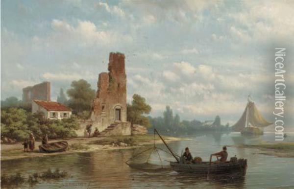Fishermen Near A Ruin On A Riverbank Oil Painting - Johannes Hermann Barend Koekkoek