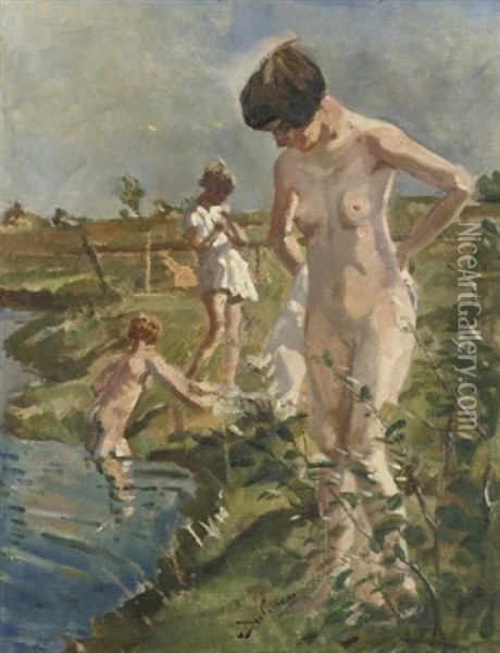 Bathing In The River Aa Oil Painting - Erasmus Bernhard Van Dulmen Krumpelman