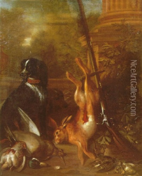 A Still Life Of Game Including A Hare, A Drake Mallard, Grey Partridge, Woodcocks, A Musket In A Formal Garden With Two Dogs Looking On Oil Painting - Charles Collins