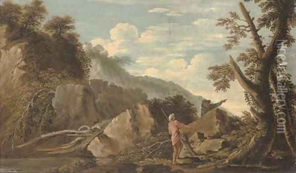 A wooded river landscape with figures in the foreground and a castle beyond Oil Painting - Salvator Rosa