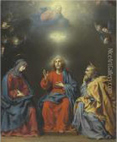 The Holy Family With God The Father And The Holy Spirit Above: A Sacra Conversazione Oil Painting - Carlo Dolci