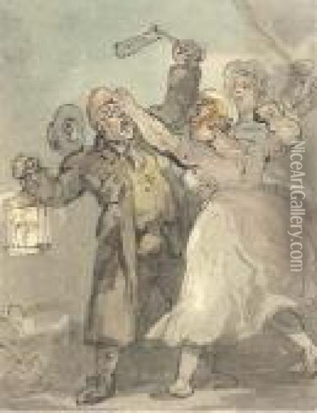 Attacking The Night Watchman Oil Painting - Thomas Rowlandson