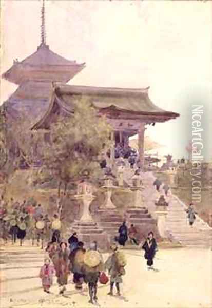 The Entrance to the Temple of Kiyomizu Dera Kyoto with Pilgrims ascending Oil Painting - Sir Alfred East