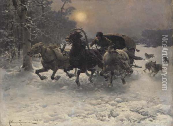 Pursued By Wolves Oil Painting - Alfred Wierusz-Kowalski