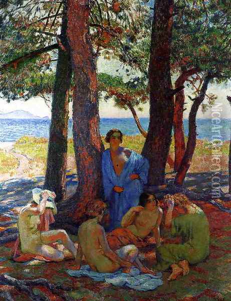 Bathers under the Pines by the Sea Oil Painting - Theo van Rysselberghe