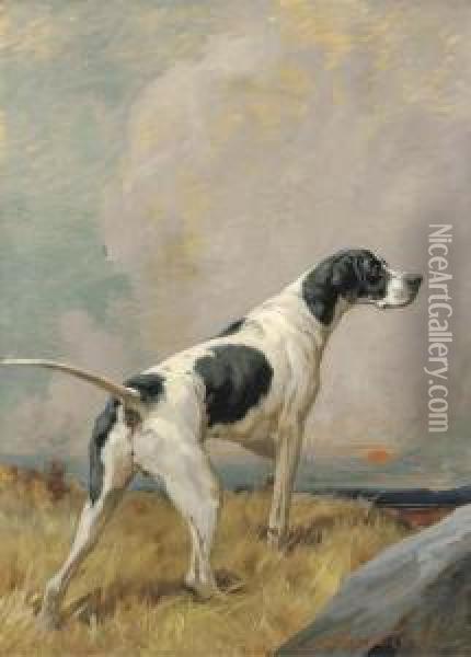 A Pointer In A Landscape At Sunset Oil Painting - Maud Earl