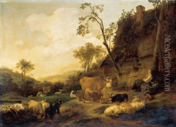 An Italianate Landscape With Figures And Their Animals Beside A Cottage Oil Painting - Nicolaes Berchem