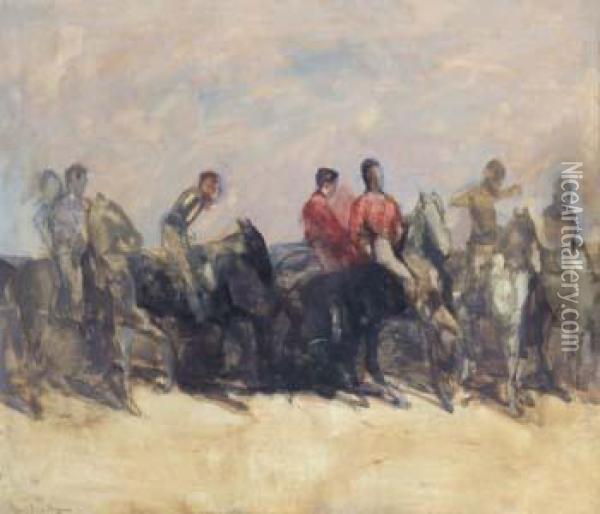La Boulaye , French, Horses And Riders,signed Oil Painting - Paul De Laboulaye