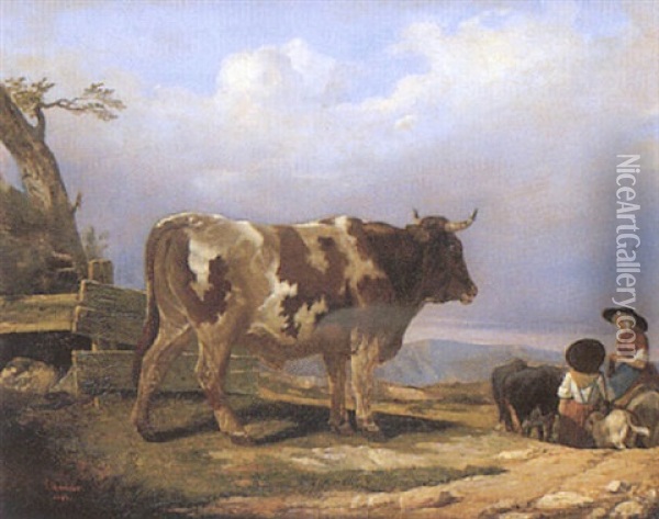 Paysannes Et Leur Vache Oil Painting - Philippe Marbeau