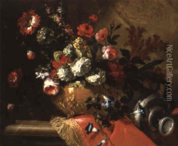 Vase De Fleurs Sur Une Draperie Rouge Oil Painting - Pierre Nicolas Huilliot
