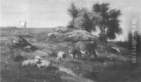 Sheep And Cattle In A Rocky Field Oil Painting - Joseph Foxcroft Cole