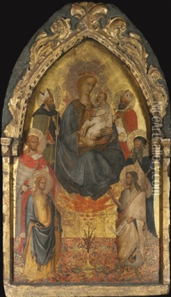 The Madonna And Child Accompanied By A Bishop Saint, Saints Julian The Hospitaler, James The Greater (?), John The Baptist, Anthony Abbot And Nicholas Of Bari Oil Painting -  Maestro del Cristo Docente