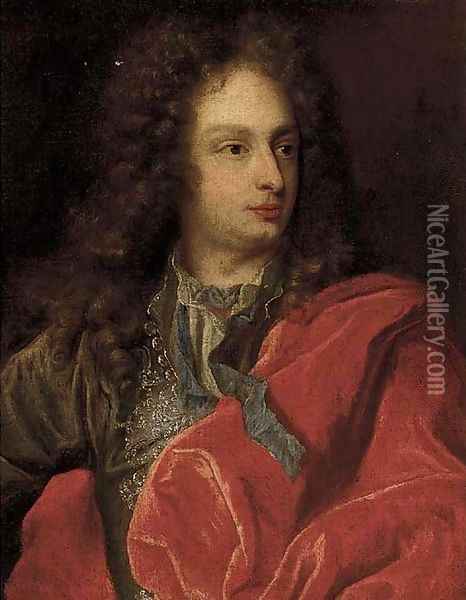 Portrait of a gentleman, half-length, in a grey coat with a red cloak Oil Painting - Nicolas de Largilliere