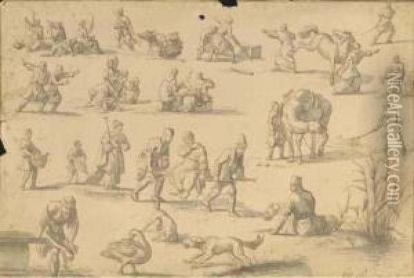 Studies Of Orientals Spinning Wool Oil Painting - Jan Van Ravenswaay