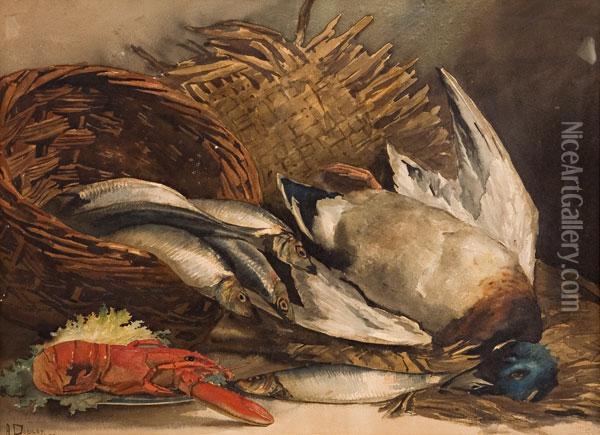 Natura Morta Di Cesta Con Pesci, Crostacei E Uccelli Oil Painting - Arthur Dudley