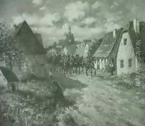 Kavallerie In Suddeutscher Kleinstadt Oil Painting - Albert Reich