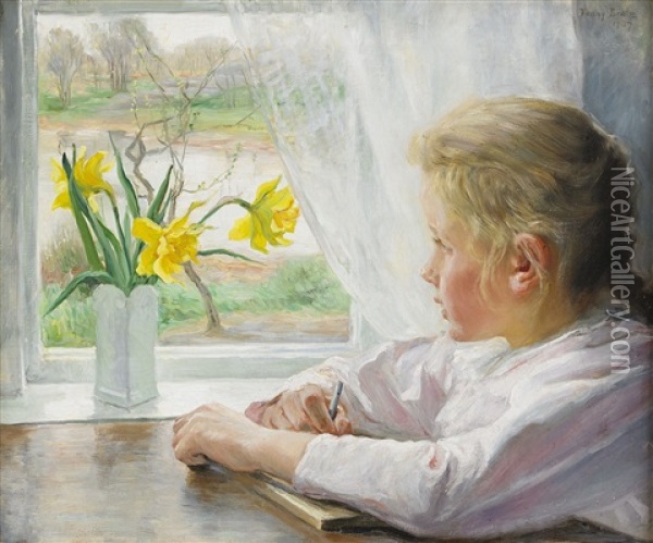 Flicka Vid Fonster Oil Painting - Fanny Ingeborg Matilda Brate